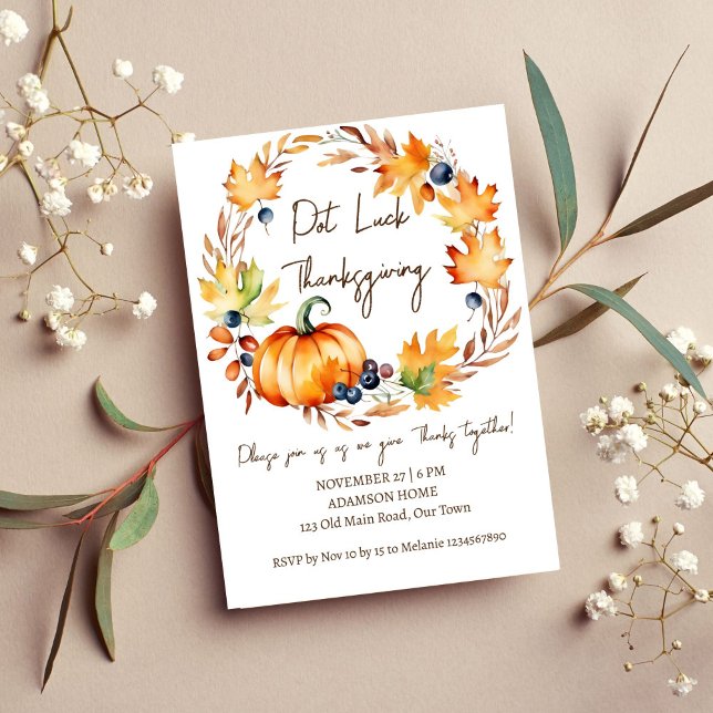 Plantilla de fiesta de cena de "Pot Luck Thankding (Pot Luck Thanksgiving dinner party template invitation digital download watercolor pumpkin wreath)