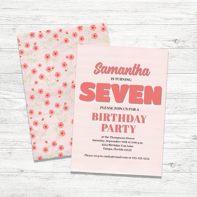 Plantilla de Fiesta de Chica de cumpleaños 7 con f (Girl's seventh birthday party invitations.)
