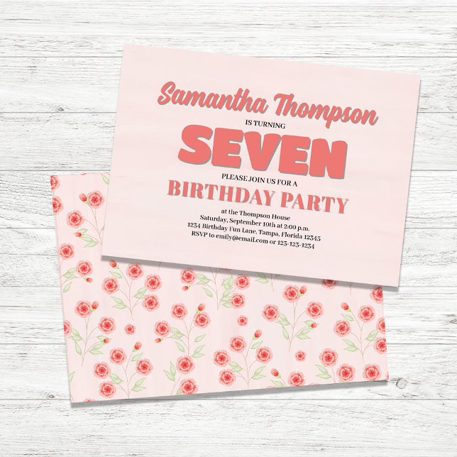 Plantilla de Fiesta de Chica de cumpleaños 7 con f (Seventh Birthday Girl Custom Invitations.)