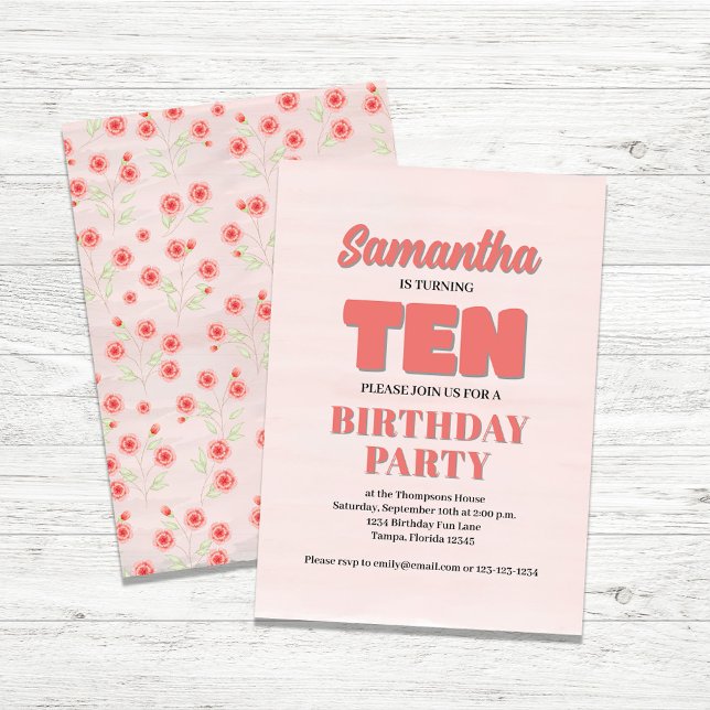 Plantilla de Fiesta de Chica de cumpleaños con flo (Girl's tenth birthday invitation)