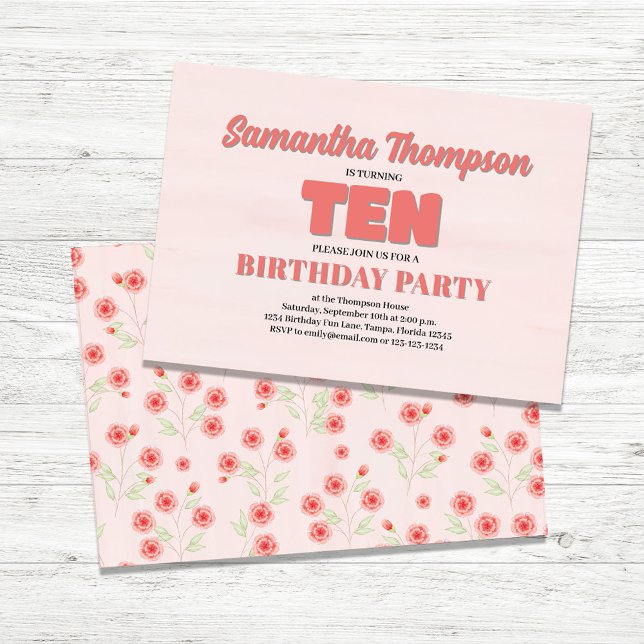 Plantilla de Fiesta de Chica de cumpleaños con flo (Tenth Birthday Girl Invitations)