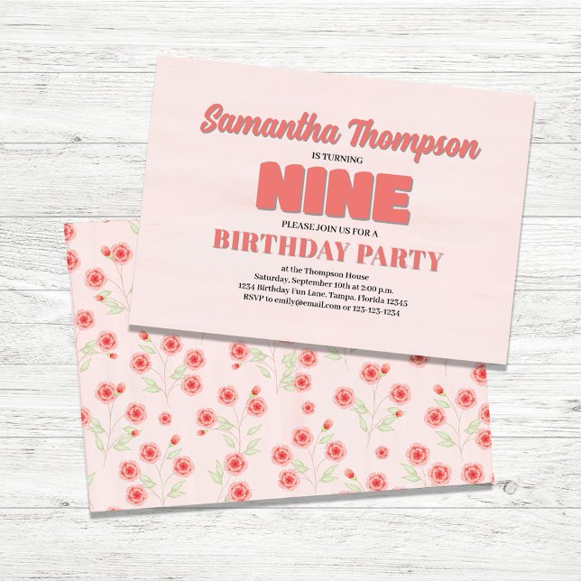 Plantilla de Fiesta de Chica de Noveno Cumpleaños  (Ninth Birthday Girl Custom Party Invitations.)