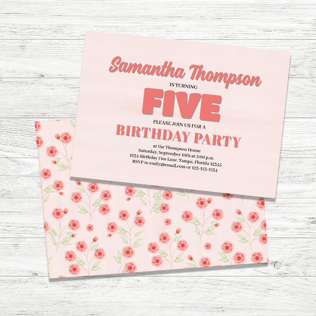 Plantilla de Fiesta de Chica de quinto cumpleaños  (Fifth Birthday Girl Party Invitations.)