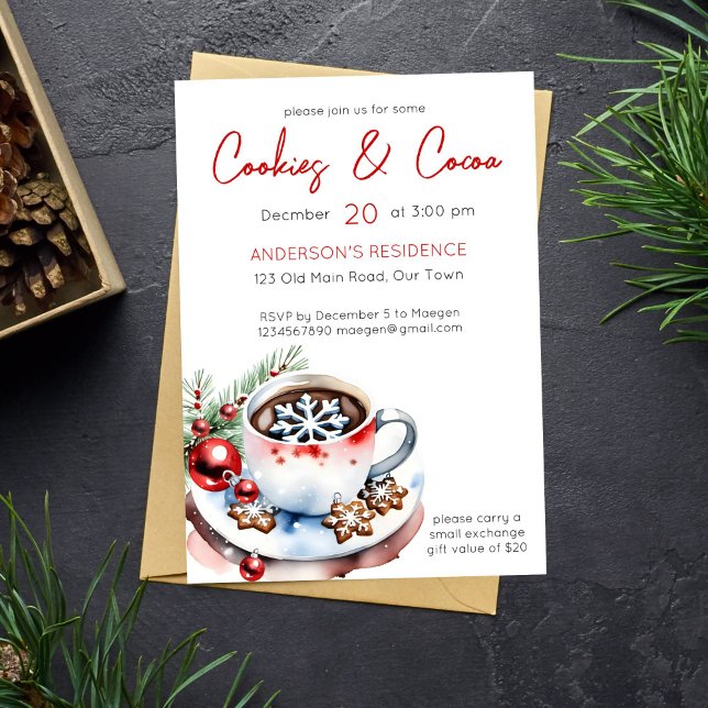 plantilla de fiesta de cookies y cacao simples Nav (Cookies and cocoa Christmas party template invitation simple minimalist modern watercolor snowflake)