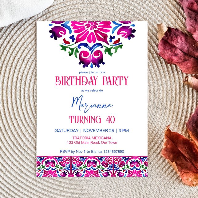 Plantilla de fiesta de cumpleaños de azulejos mexi (Pink blue Mexican Talavera tiles birthday party editable template invitation digital download)