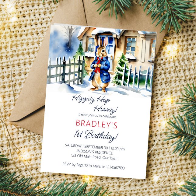 Plantilla de fiesta de cumpleaños temática de invi (Peter Rabbit winter birthday party editable template invitation digital download watercolor cute)
