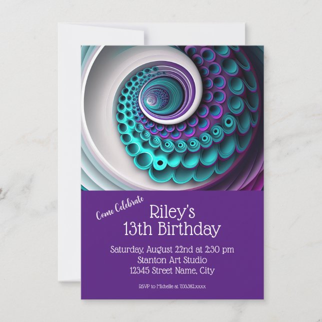 Plantilla de fiesta de cumpleaños turquesa púrpura (Anverso)