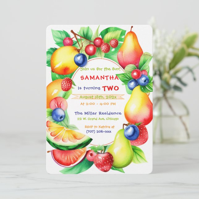 Plantilla de fiesta de cumpleaños Twotti Frutti (Anverso de pie)