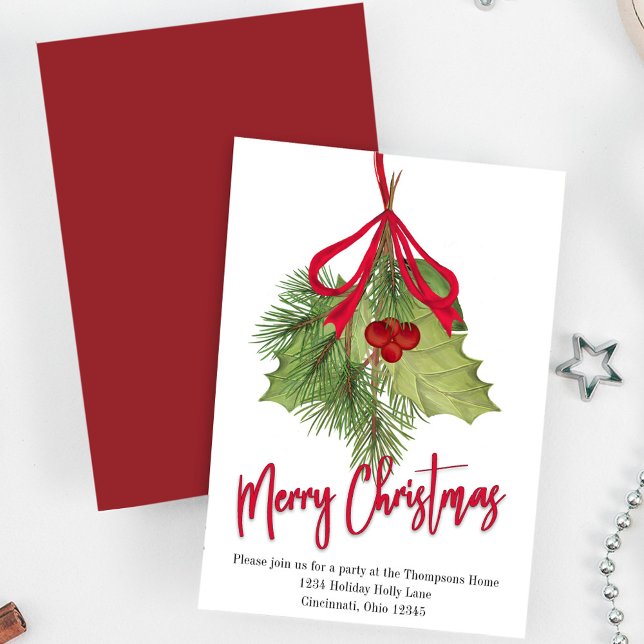 Plantilla de Fiesta de navidad de moras rojas y ve (Merry Christmas calligraphy party invitation with watercolor winter greenery and foliage. )
