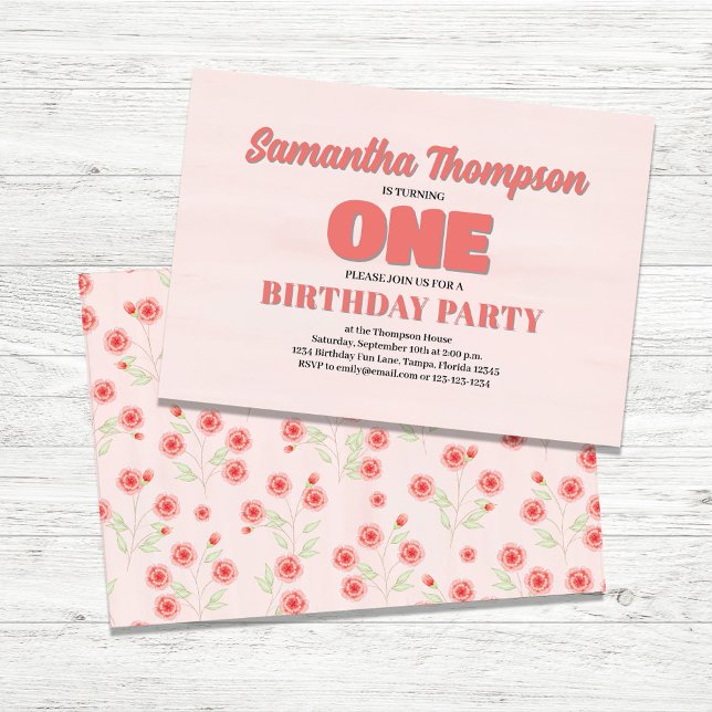Plantilla de Fiesta de primer cumpleaños de Floral (First Birthday Girls Party Custom Invitations.)