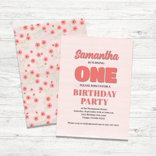 Plantilla de Fiesta de primer cumpleaños de Floral (Pink Girls First birthday invitation template. )