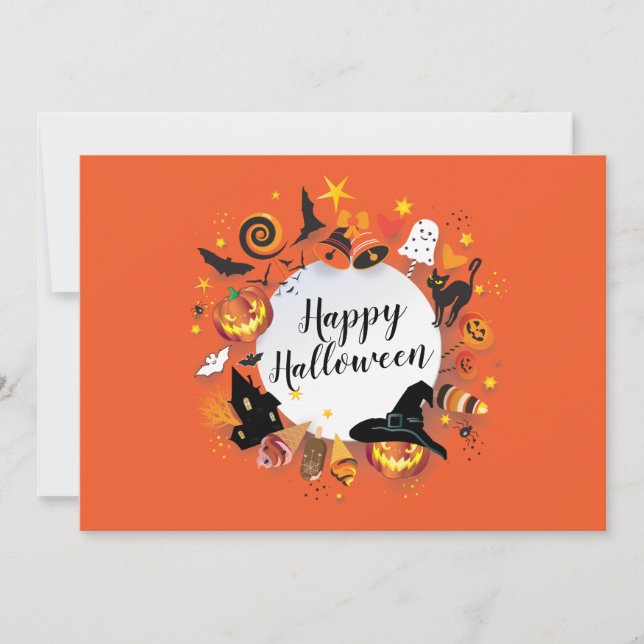 Plantilla de fiesta feliz de Halloween naranja mág (Anverso)