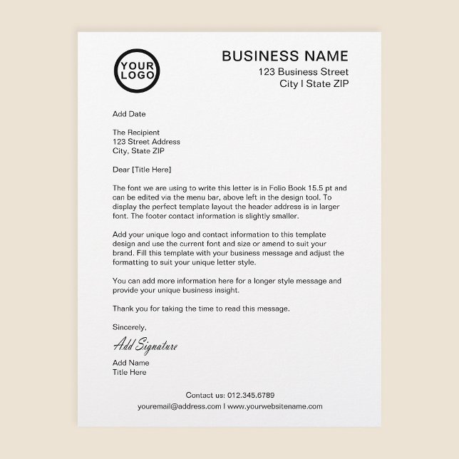Plantilla de firma de carta comercial con logotipo ( Stylishly Personalize with Your Custom Logo, Business Contact Information & Unique Message.)