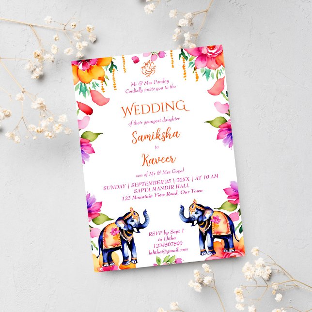 plantilla de flores de cereal para elefantes bodas (Indian wedding ornate elephants template invitation digital download cerise modern watercolor pretty)