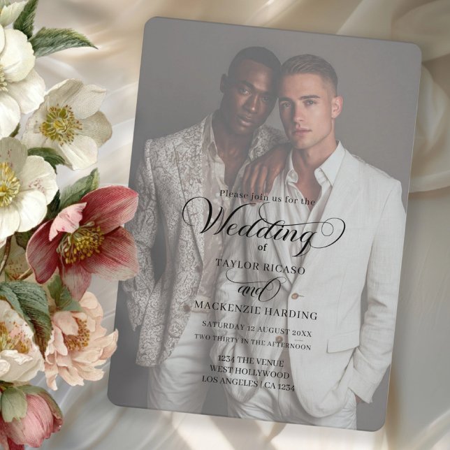 Plantilla de foto de boda de dos novios (Gay wedding two grooms invitation with elegant typography by Ricaso. Add photo and text)