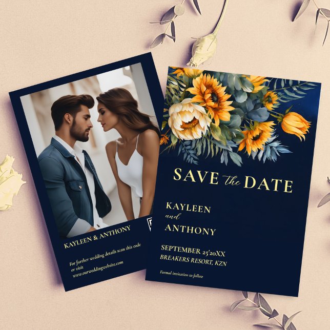 Plantilla de foto de girasoles rústicos azul marin (Navy blue moody rustic sunflowers fall summer wedding photo template save the date card)