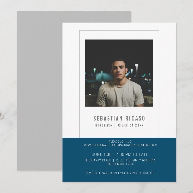 Plantilla de foto de graduado personalizada azul y (Anverso / Reverso)
