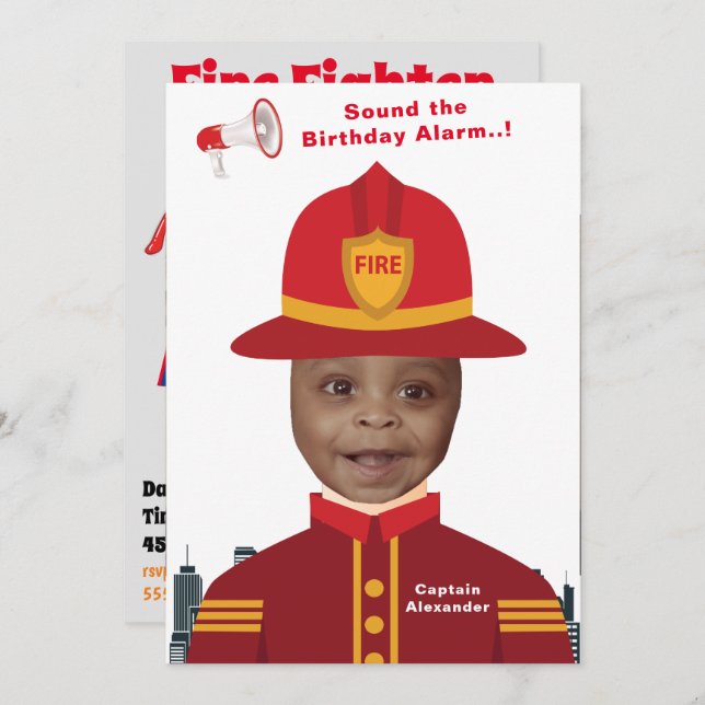 Plantilla de fotografía de niños bomberos Cumpleañ (Anverso / Reverso)