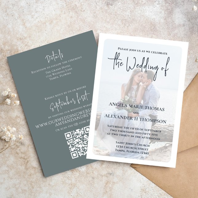 Plantilla de fotografía elegante de Boda gris (Elegant photo Wedding invitation with QR Code and simple grey.)