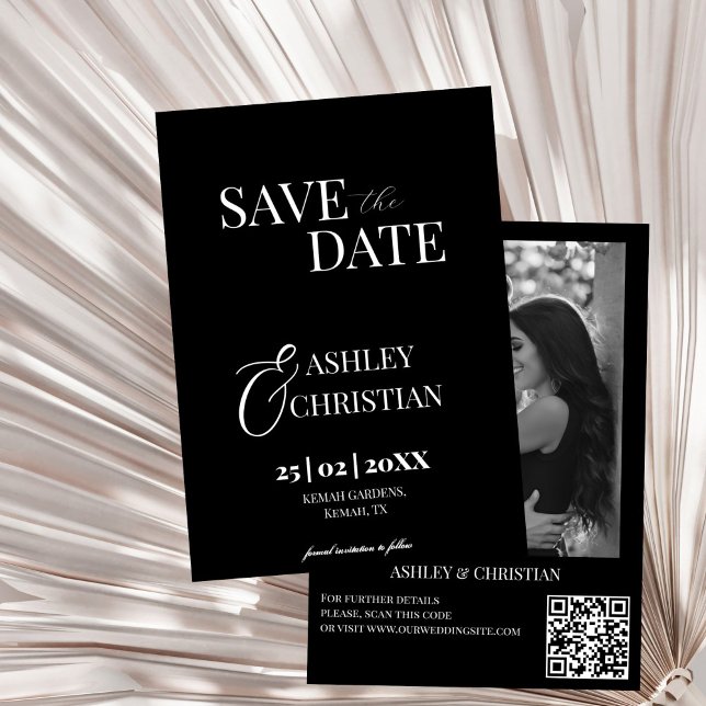 Plantilla de fotografía elegante y simple en blanc (Black and white simple elegant minimalist photo template save the date card black wedding cards)