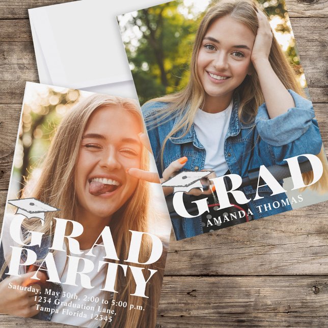 Plantilla de fotografía moderna para graduados tip (Graduation photo invitation with bold modern typography and a 2-photo template. )