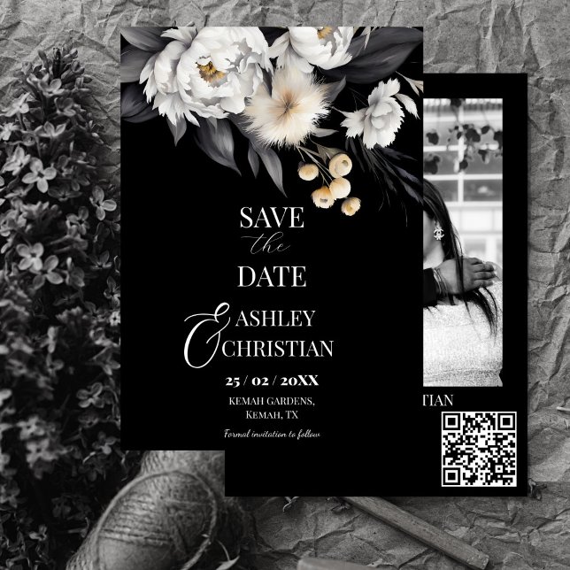 Plantilla de fotos de boho elegante en blanco y ne (Black and white elegant boho editable photo template save the date modern qr details save the date)