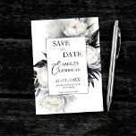 Plantilla de fotos de flores blancas y negras<br><div class="desc">Flores de boho negro y blanco pampas césped elegante boda ahorrando la fecha editable plantilla invitación descarga digital instantánea con foto al fondo</div>