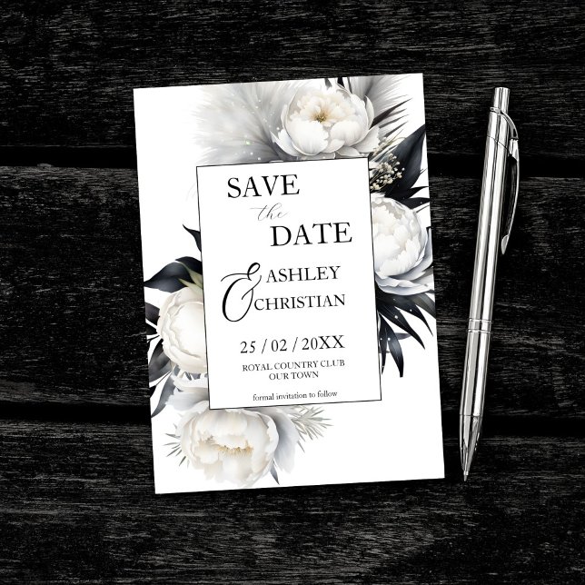 Plantilla de fotos de flores blancas y negras (Black and white peony flowers pampas grass photo editable template save the date card digital downlo)