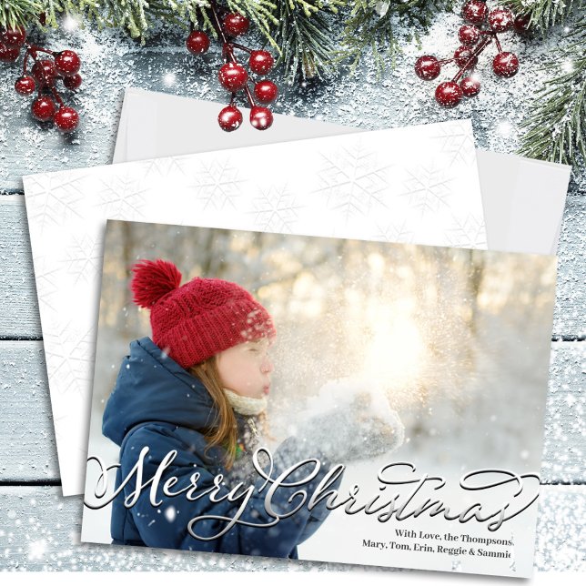 Plantilla de fotos de guiones navideños (Merry Christmas Calligraphy Script Stylish Silver Photo Holiday Card)