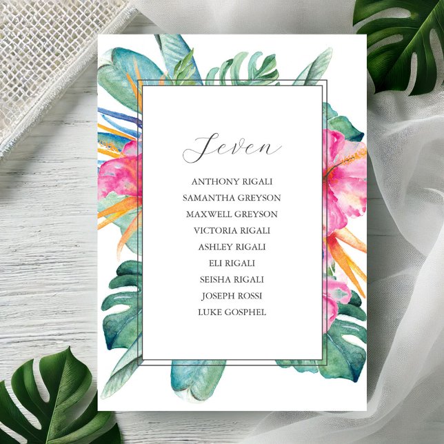 Plantilla de gráfico de asientos de casamiento de  (Seating chart watercolor tropical flowers & palm leaves by Victoria Grigaliunas Do Tell A Belle)