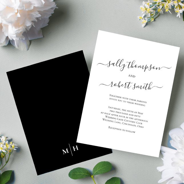 Plantilla de guión clásico elegante en blanco y ne (Simple black and white calligraphy script wedding invitation.)