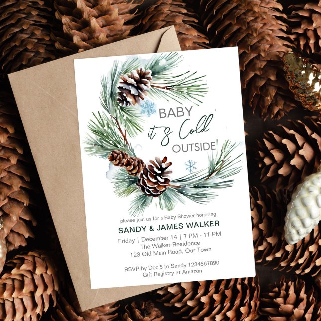 Plantilla de guirnalda de pino de bebé de bebé de  (Winter baby baby shower pine wreath editable template invitation digital download baby it's cold out)