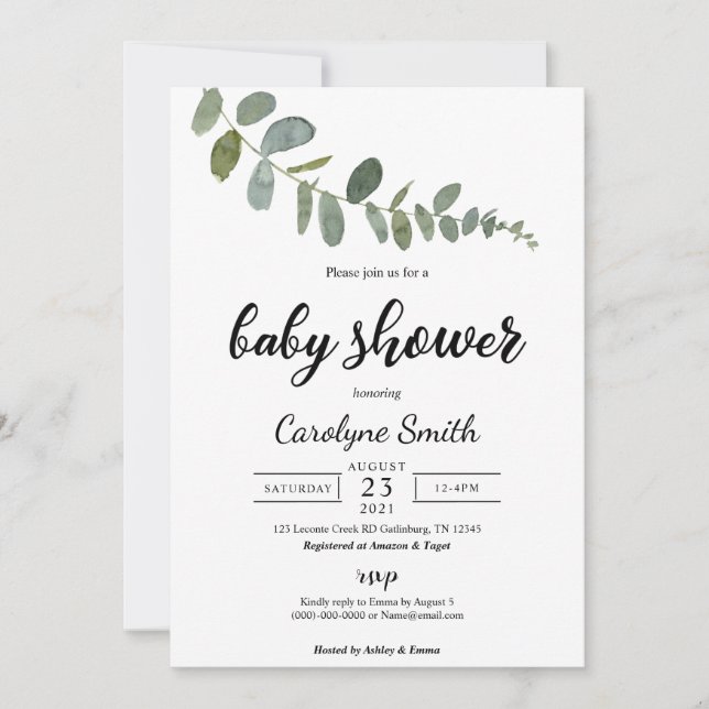Plantilla de invitación a Baby Shower de Eucalyptu (Anverso)