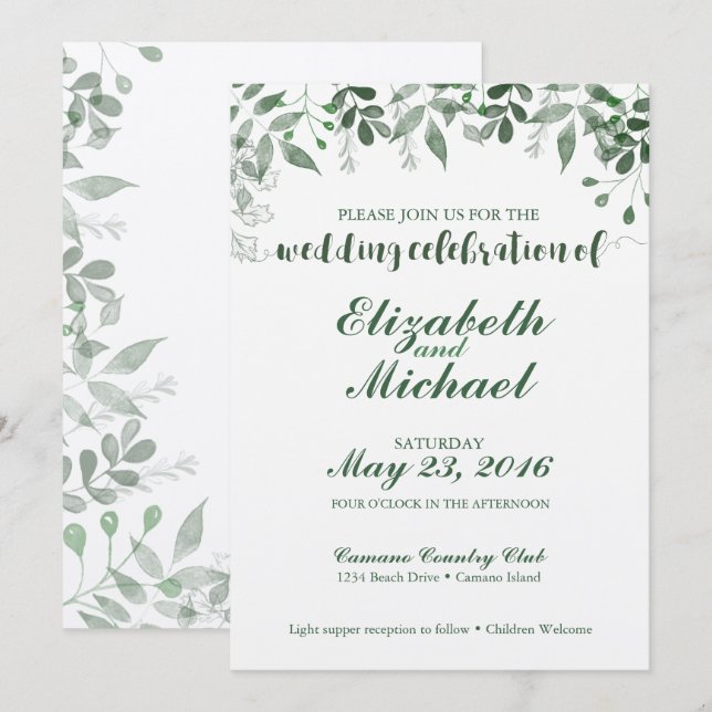 Plantilla de invitación a bodas de verde (Anverso / Reverso)
