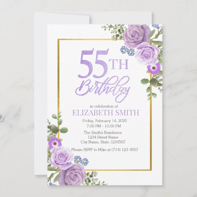 Plantilla de invitación a cumpleaños 55th Floral P (Anverso)