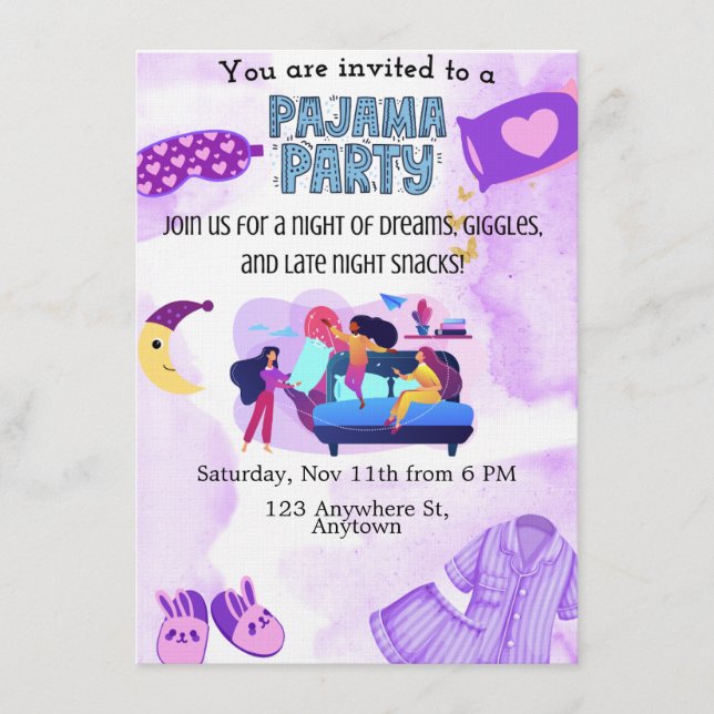Plantilla de invitación a fiesta de pijamas (Anverso)