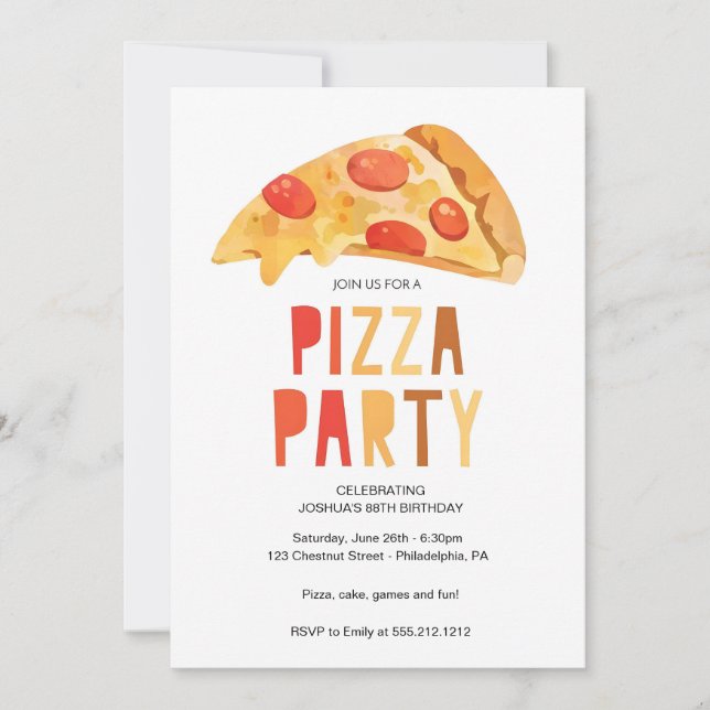 Plantilla de invitación a fiesta de pizza, pizza d (Anverso)