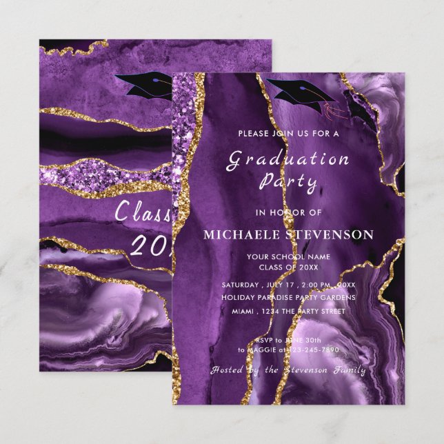 Plantilla de invitación a graduación de oro morado (Anverso / Reverso)