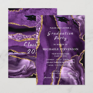 Plantilla de invitación a graduación de oro morado