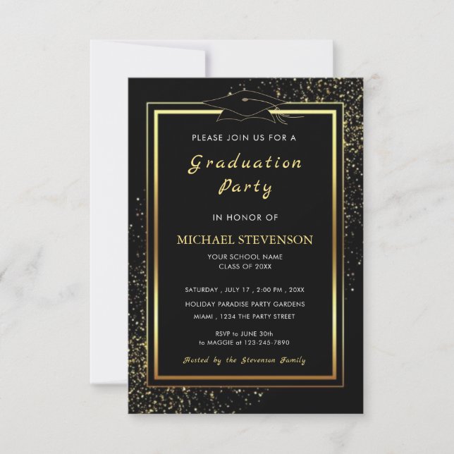 Plantilla de invitación a graduación de oro negro  (Anverso)