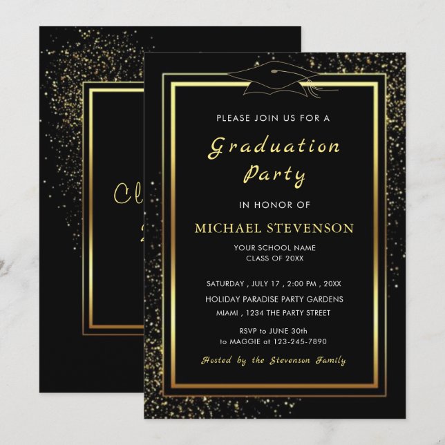 Plantilla de invitación a graduación en negro con  (Anverso / Reverso)