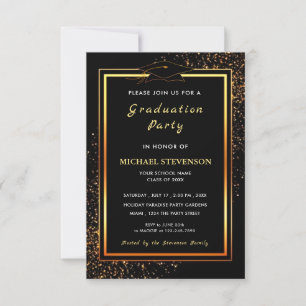 Plantilla de invitación a graduación en negro y or