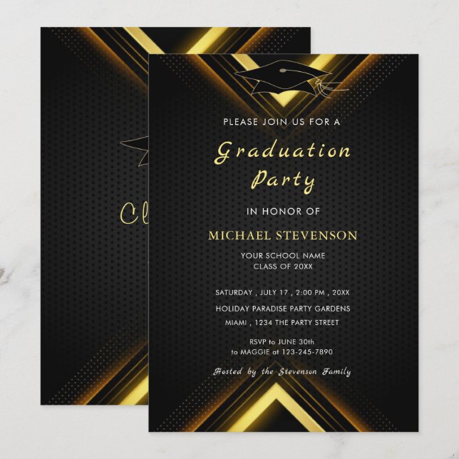 Plantilla de invitación a graduación en negro y or (Anverso / Reverso)