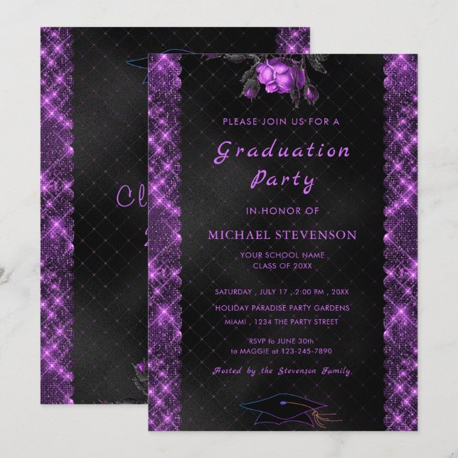 Plantilla de invitación a graduación negra y púrpu (Anverso / Reverso)