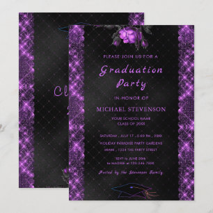 Plantilla de invitación a graduación negra y púrpu