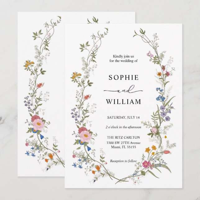 Plantilla de invitación a la boda de flores silves (Anverso / Reverso)