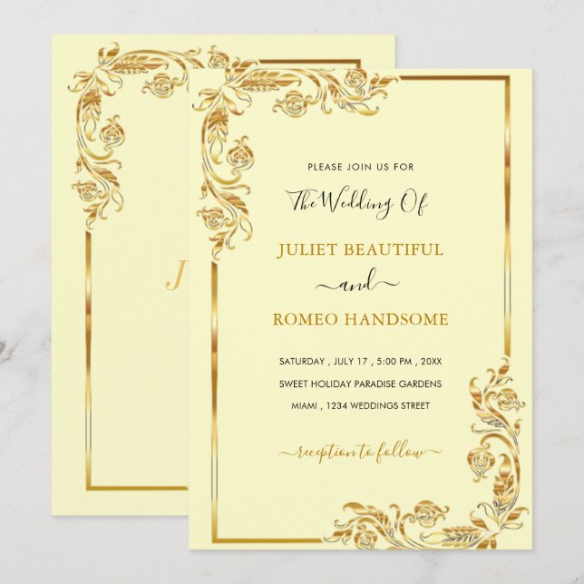 Plantilla de invitación a la boda de oro con marco (Anverso / Reverso)