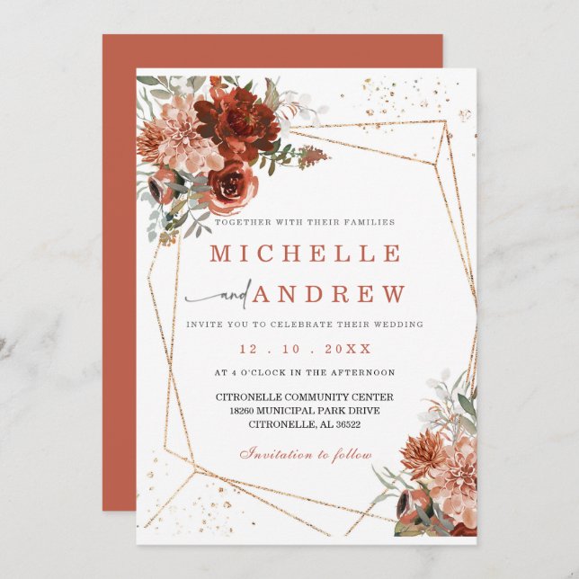 Plantilla de invitación a la boda de oro de Terrac (Anverso / Reverso)