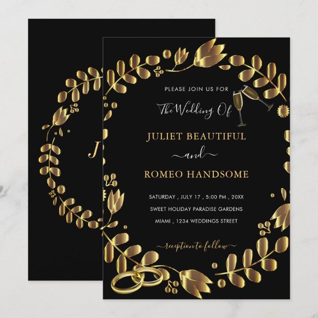 Plantilla de invitación a la boda de oro negro (Anverso / Reverso)