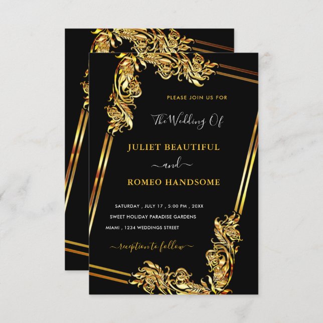 Plantilla de invitación a la boda de oro negro con (Anverso / Reverso)
